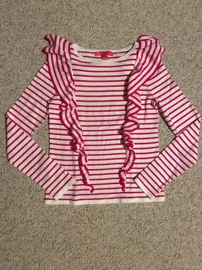 Lilly Pulitzer Pink and White Striped Ruffle Longsleeve Top